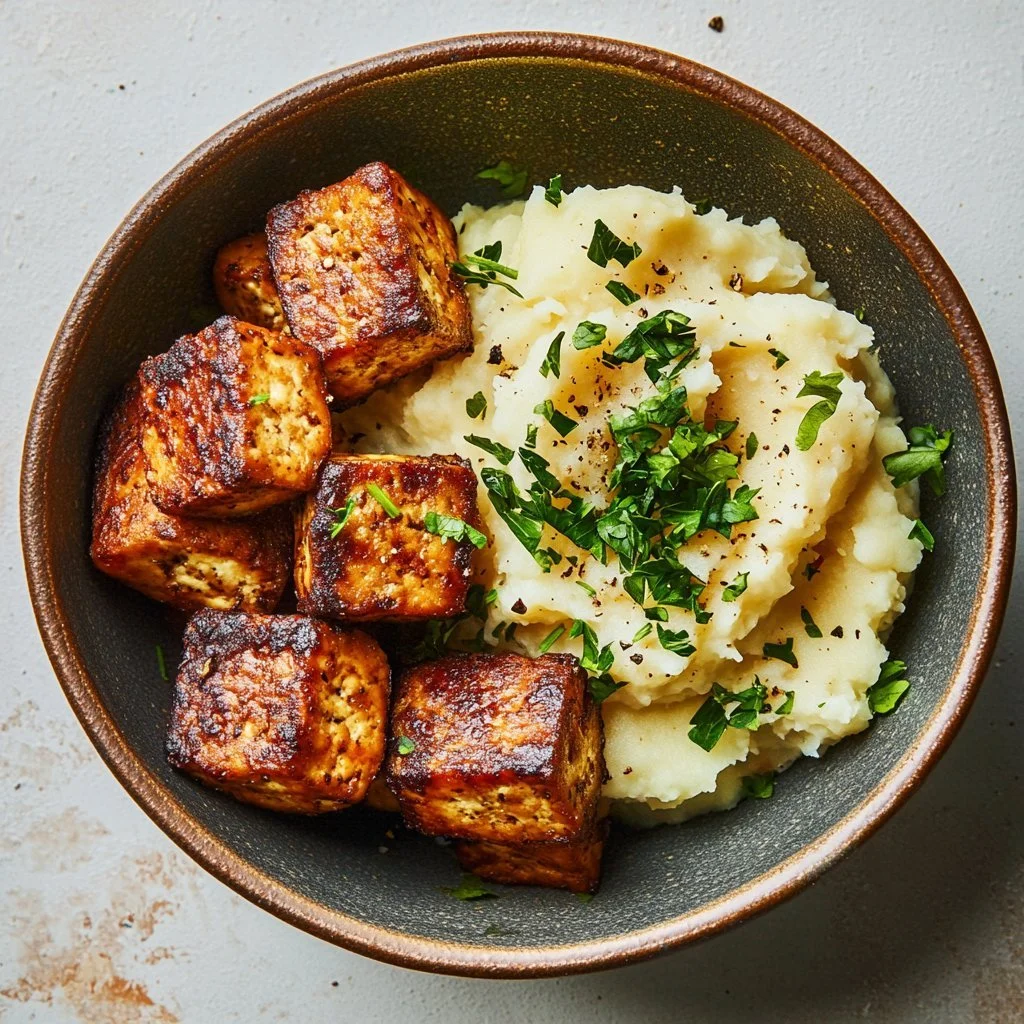 Crispy tofu steak bites with buttery mashed potatoes