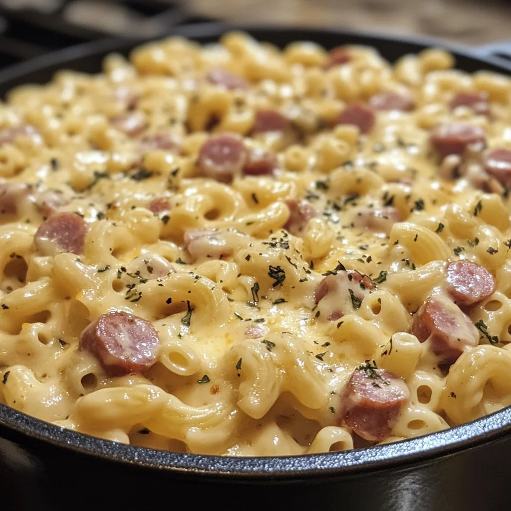 En-pott måltid med kielbasa pasta och ost, enkel och smakfull.
