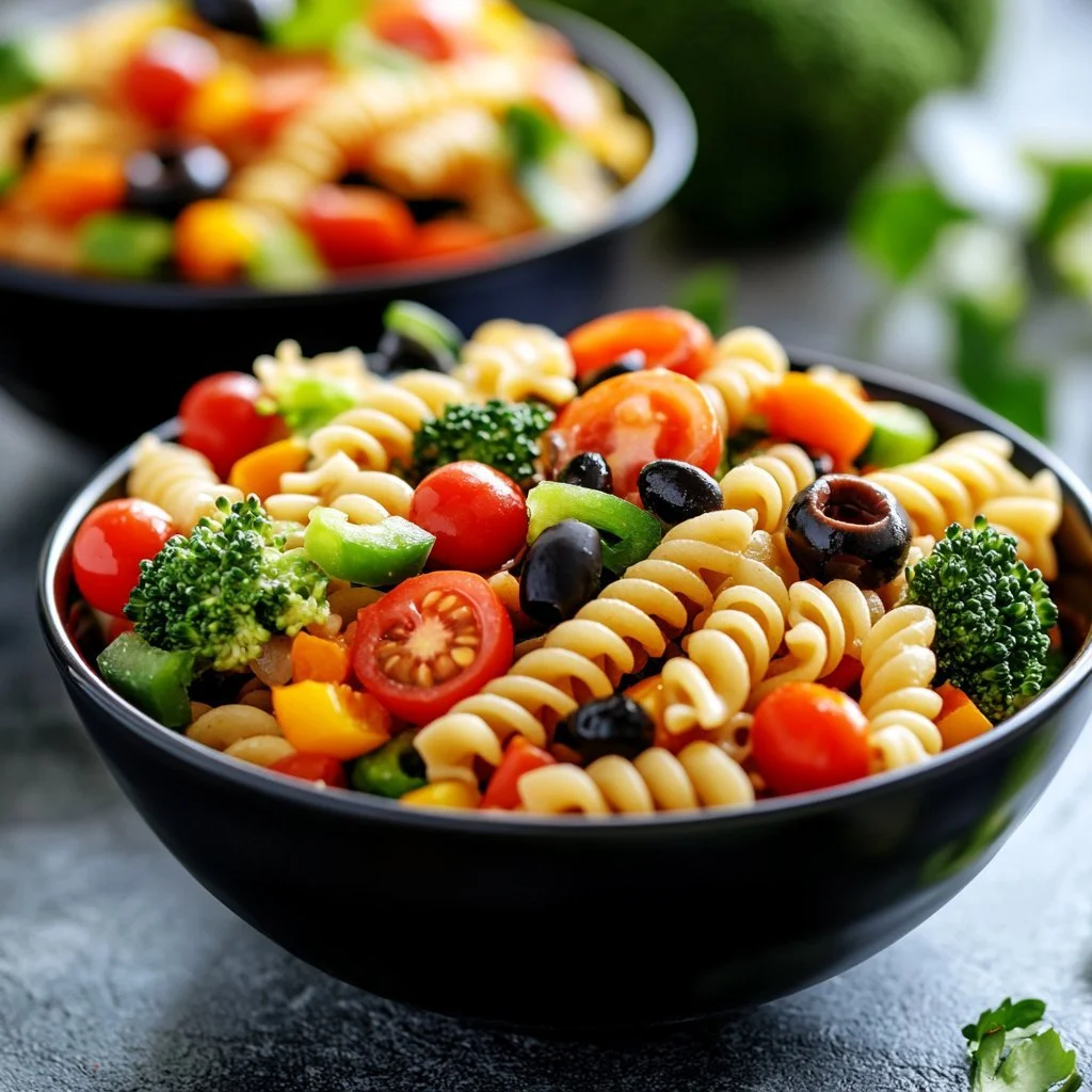 En enkel och god högproteinpastasallad med färska ingredienser.