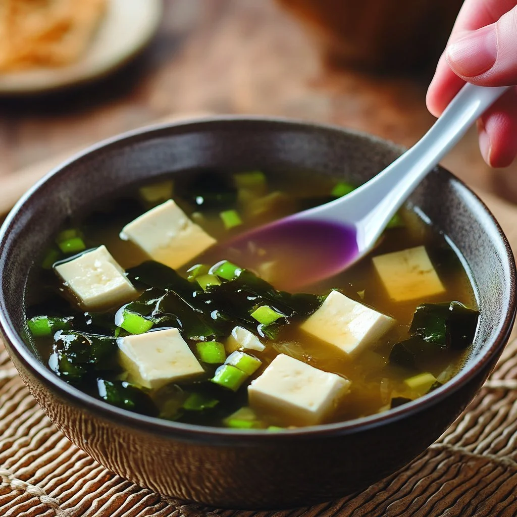 Enkel misosoppa med tofu, sjögräs och grönsaker i en skål