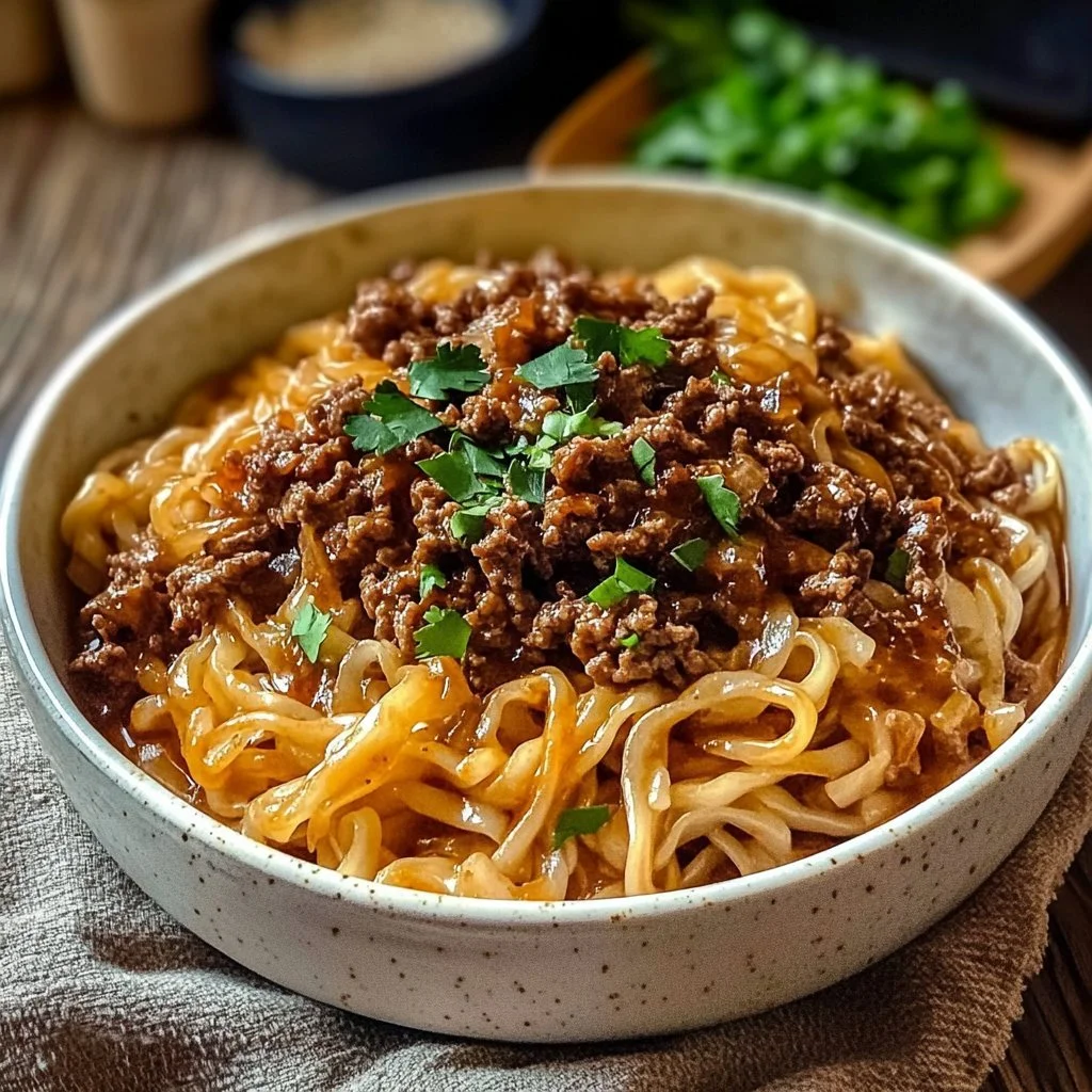 Läcker skål med Mongolisk Nötköttnudlar i en perfekt sås.