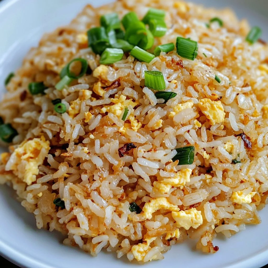 En tallrik med enkel stekt ris, perfekt för snabb matlagning
