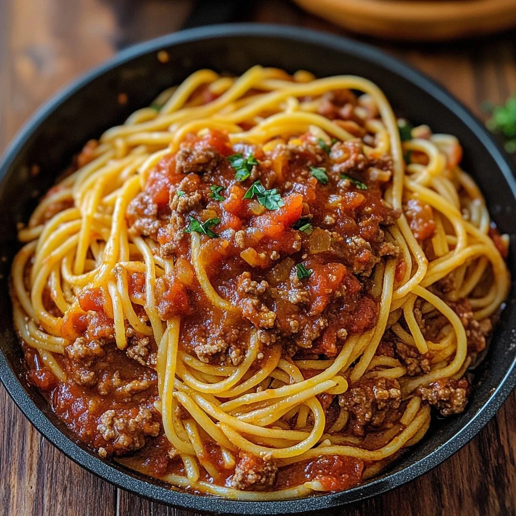 Cowboy Spaghetti i en gryta med ingredienser