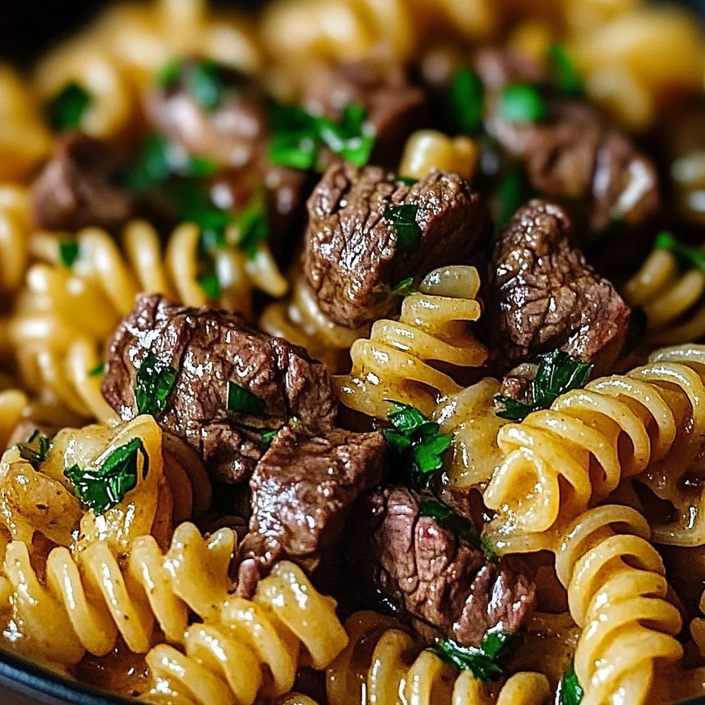 Krämmig vitlökssmörostbiff serverad med pasta i en aptitlig gryta.