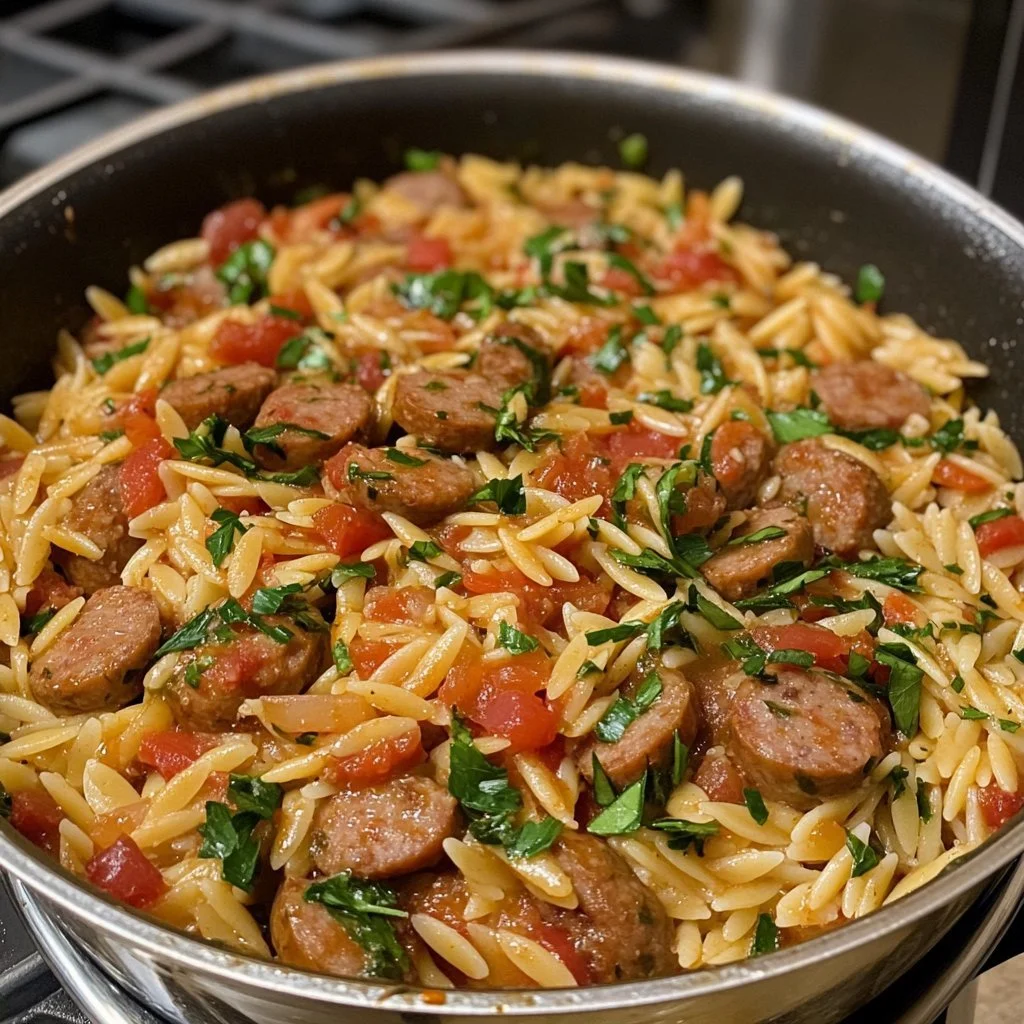 Enkelt italienskt korv-orzo i en gryta med grönsaker.