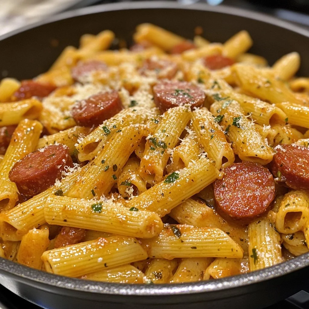 En bild av enkel kielbasa pasta i en kastrull med grönsaker