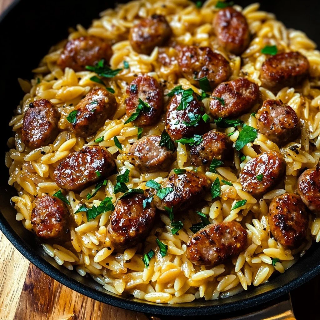 Lagningsgryta med vitlökssmör, korv och orzo serverad i en skål