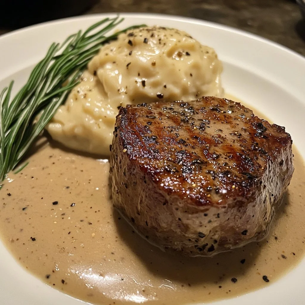 Filé Mignon med krämig pepparsås serverad på tallrik