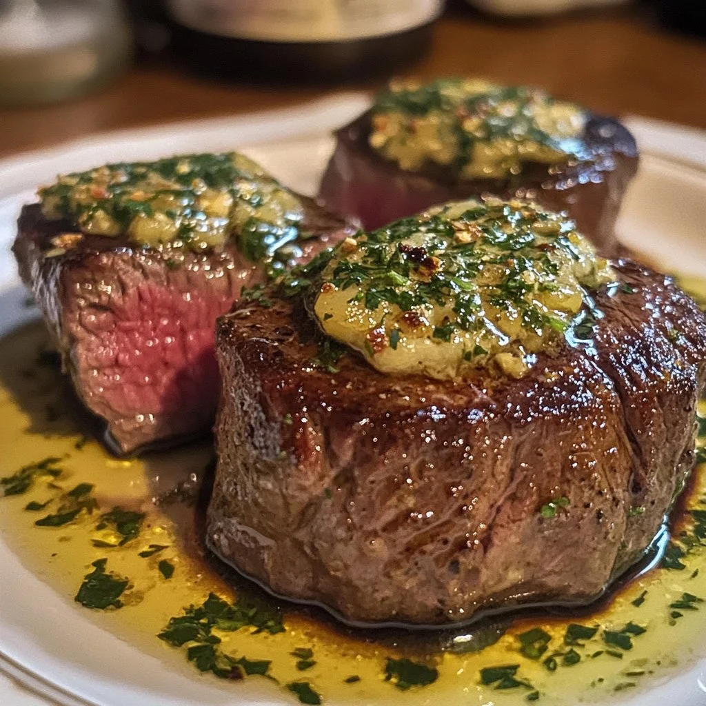 Filet Mignon med vitlöksörtsmör, en läcker steakrätt som framhäver smaker.
