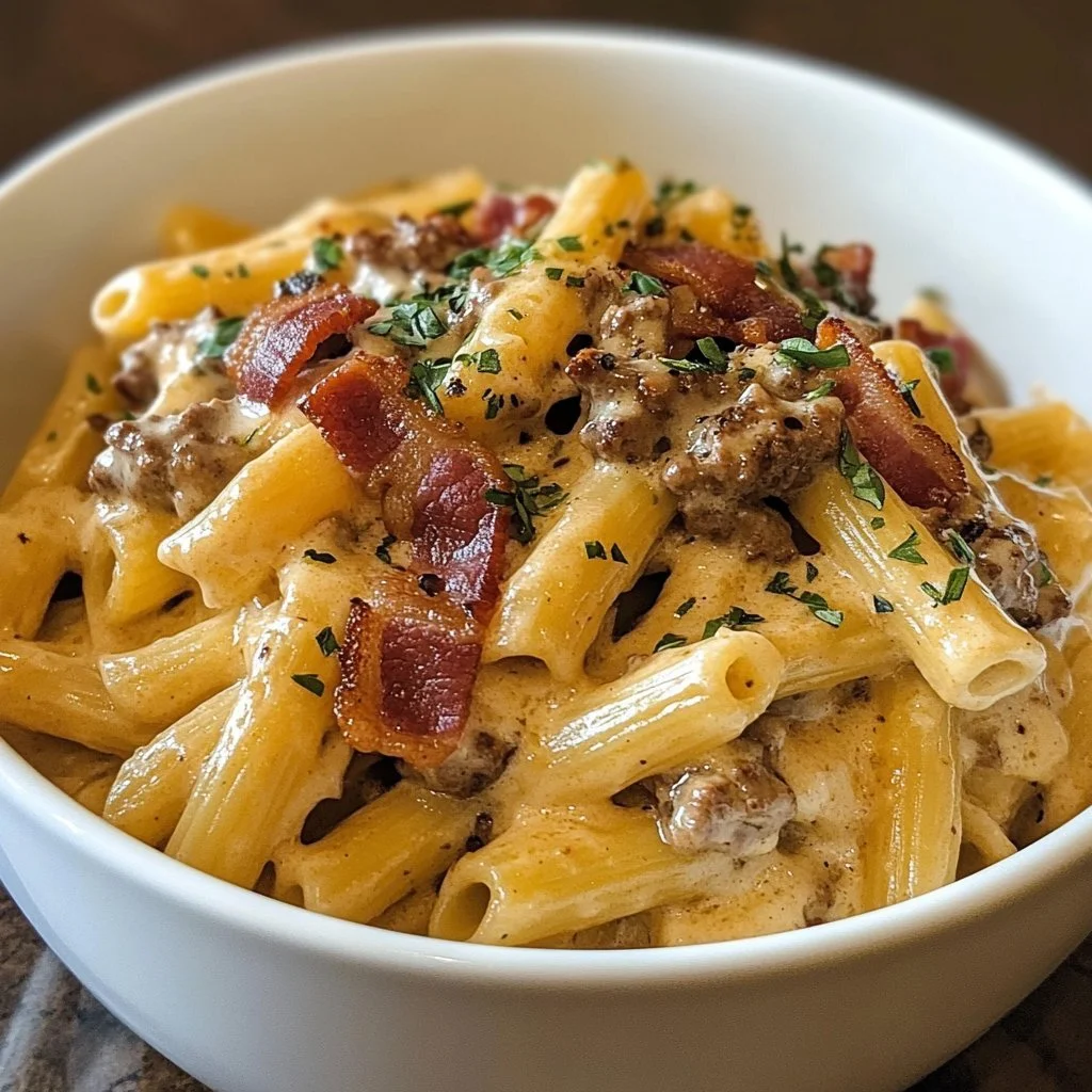 Fylld Bacon Cheeseburger Alfredo Pasta med bacon, ost och krämig sås.