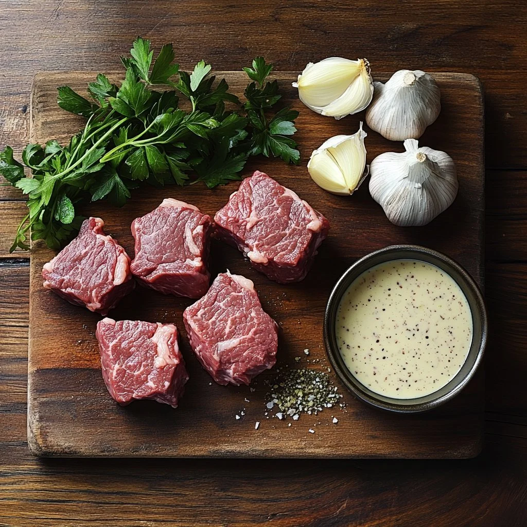 Garlic Butter Beef Bites med krämig parmesan sås på tallrik