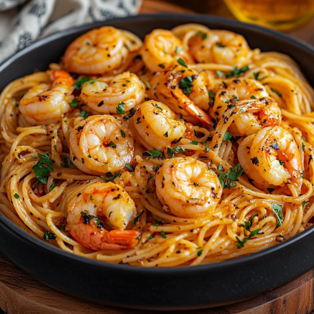 Läcker räka pasta serverad med färska örter och sås.