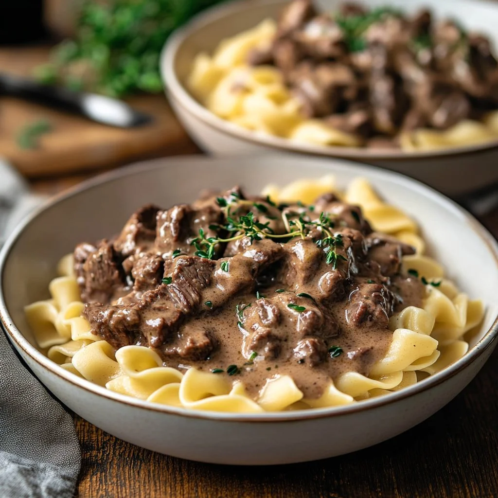 Glutenfri biff stroganoff utan mjölk, serverad med ett läckert tillbehör.