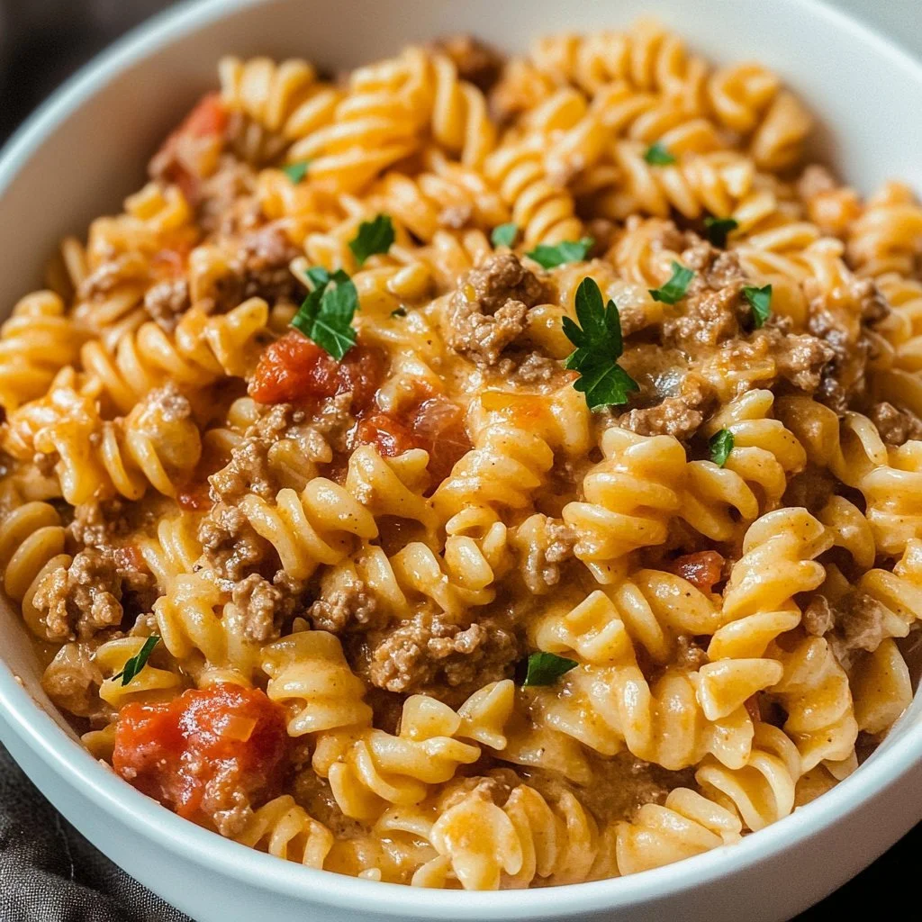 Gräddig pasta med köttfärs kokande på spisen i en stor kastrull.