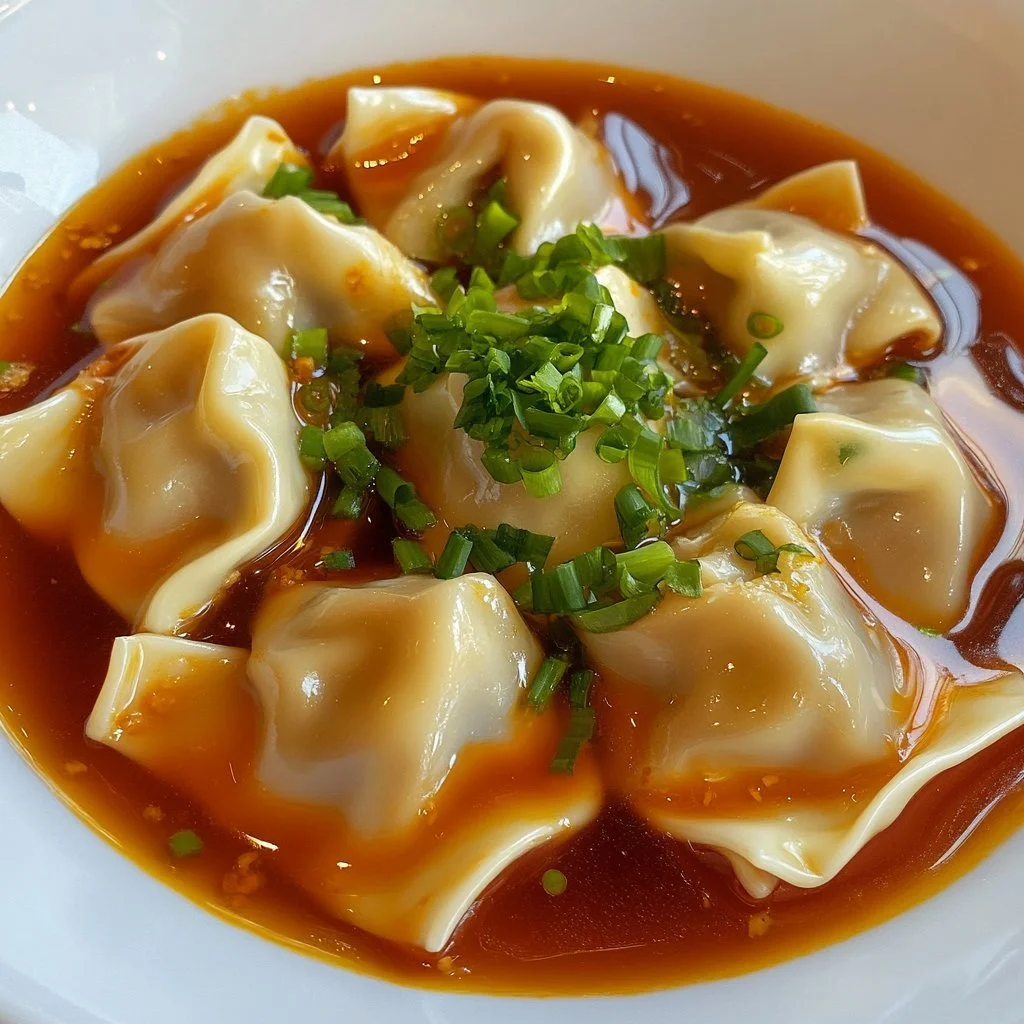 Hemmagjorda tofu- och gräslökswontons på en tallrik