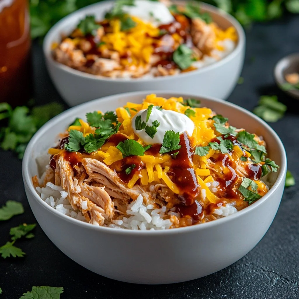 Hög proteinhaltig BBQ kyckling ranch skål med färska ingredienser