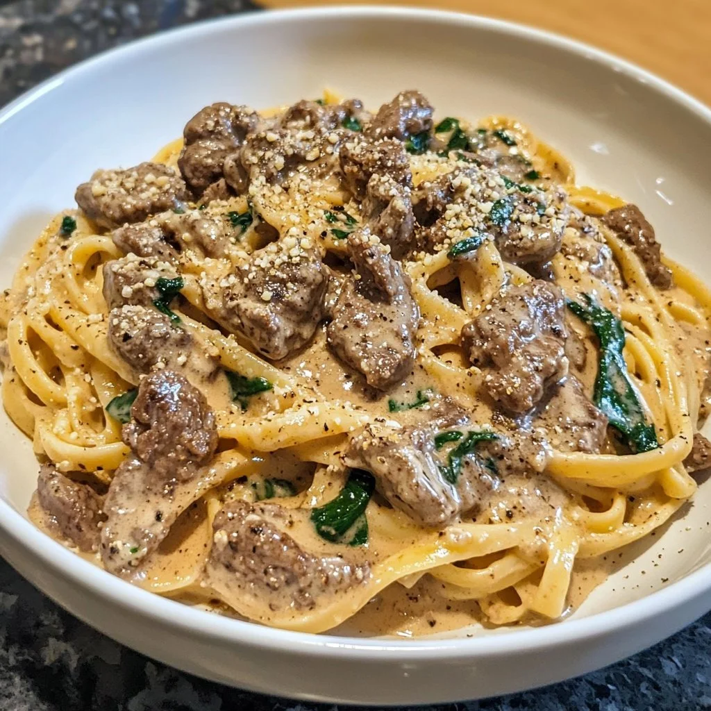 Högprotein krämig nötköttspasta med kött och pasta i en skål