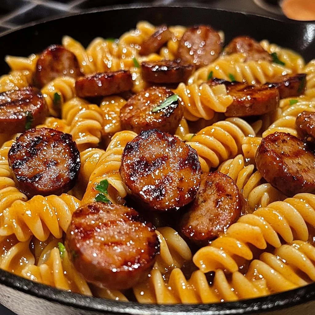 Läcker Honung Vitlök Korv Pasta med smakfulla ingredienser.