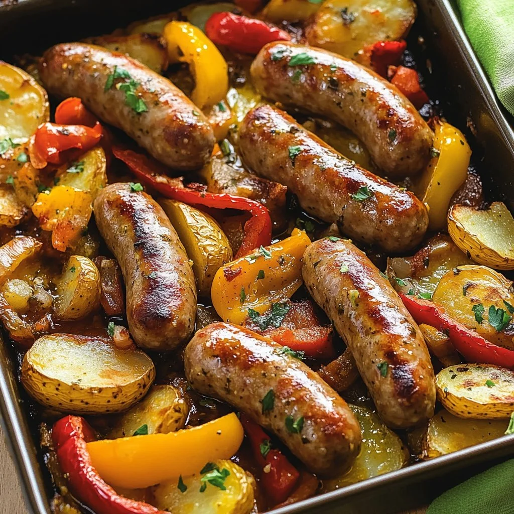 Italiensk korv med paprikor och potatis på tallrik