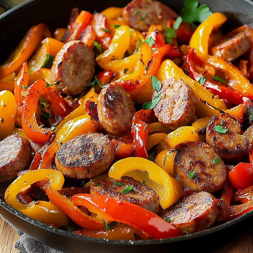 Italiensk korv och paprika stekpanna med färska grönsaker