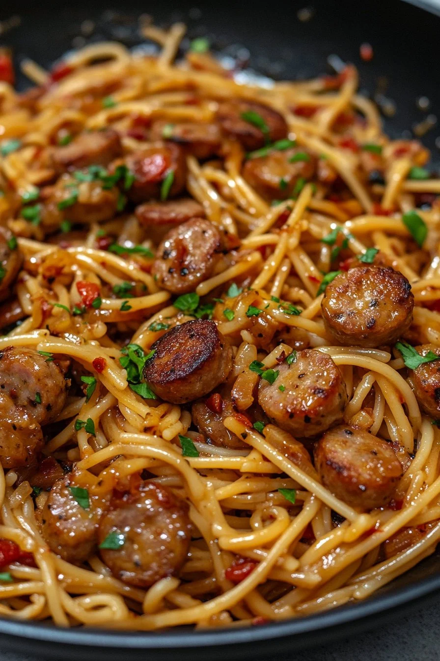 Klibbiga Honung- vitlökskorvspasta