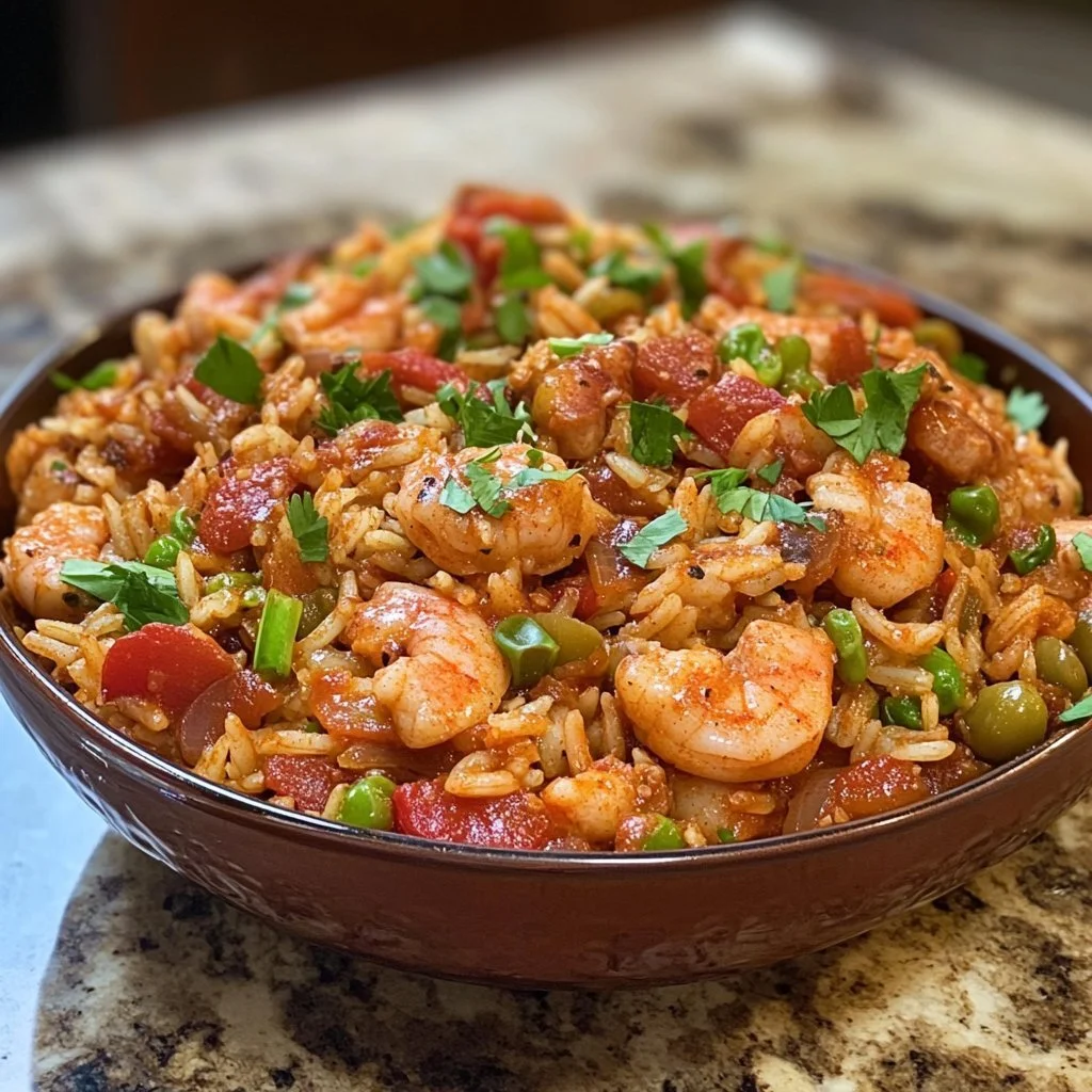 En tallrik med jambalaya, fylld med ris, skaldjur och grönsaker