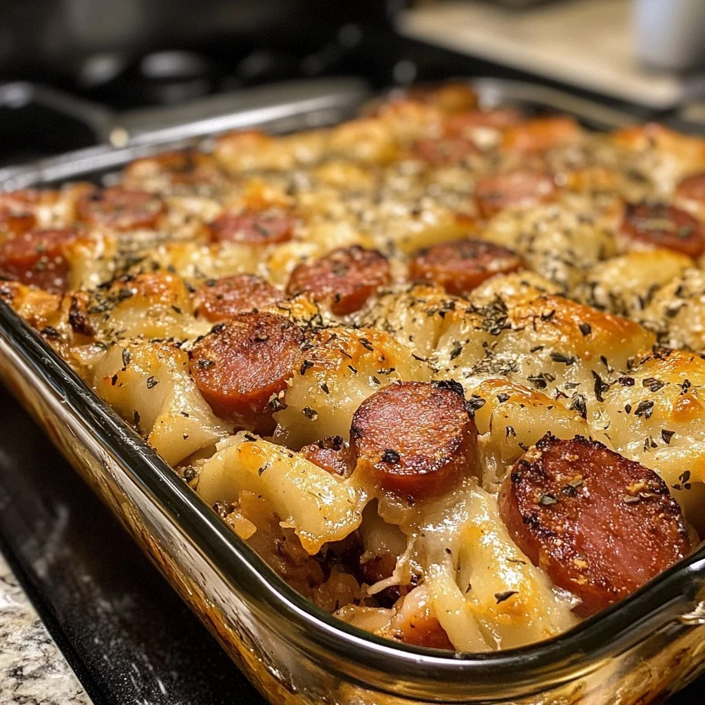 Kielbasa pierogi gratin med smakfulla ingredienser