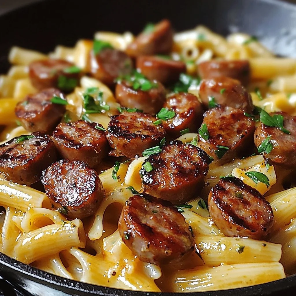 Klibbig honung-vitlök pasta med italiensk korv på tallrik.