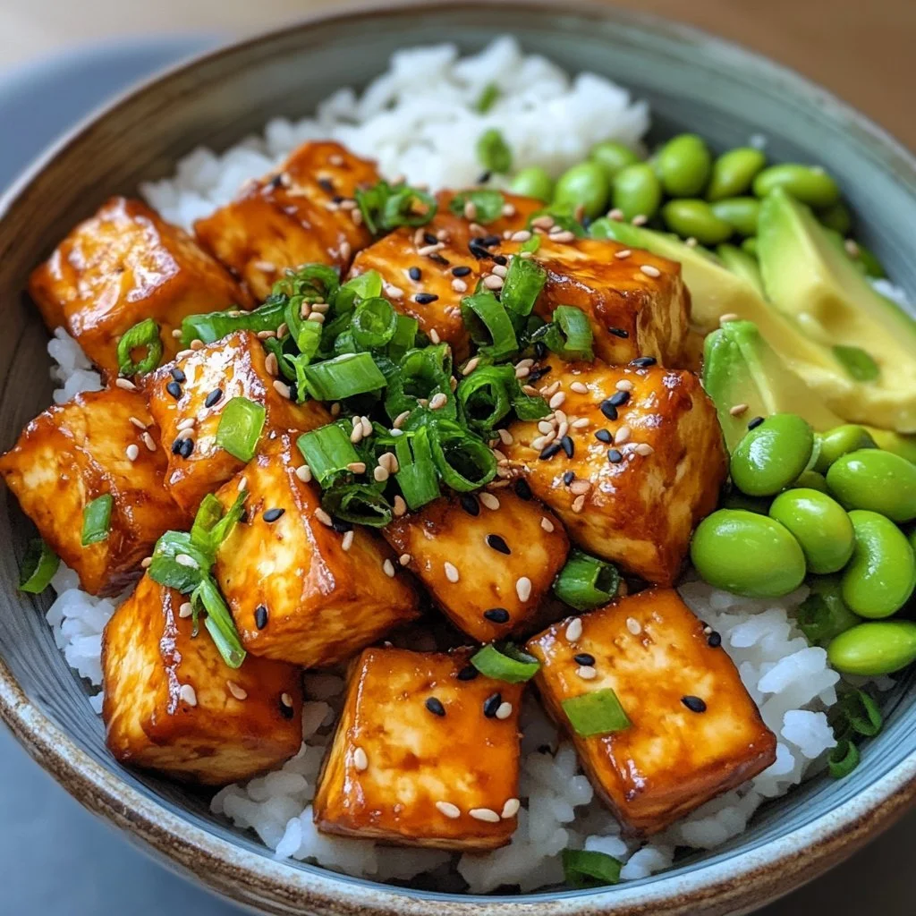Klibbiga tofu-skålar med färska grönsaker och smakrik sås