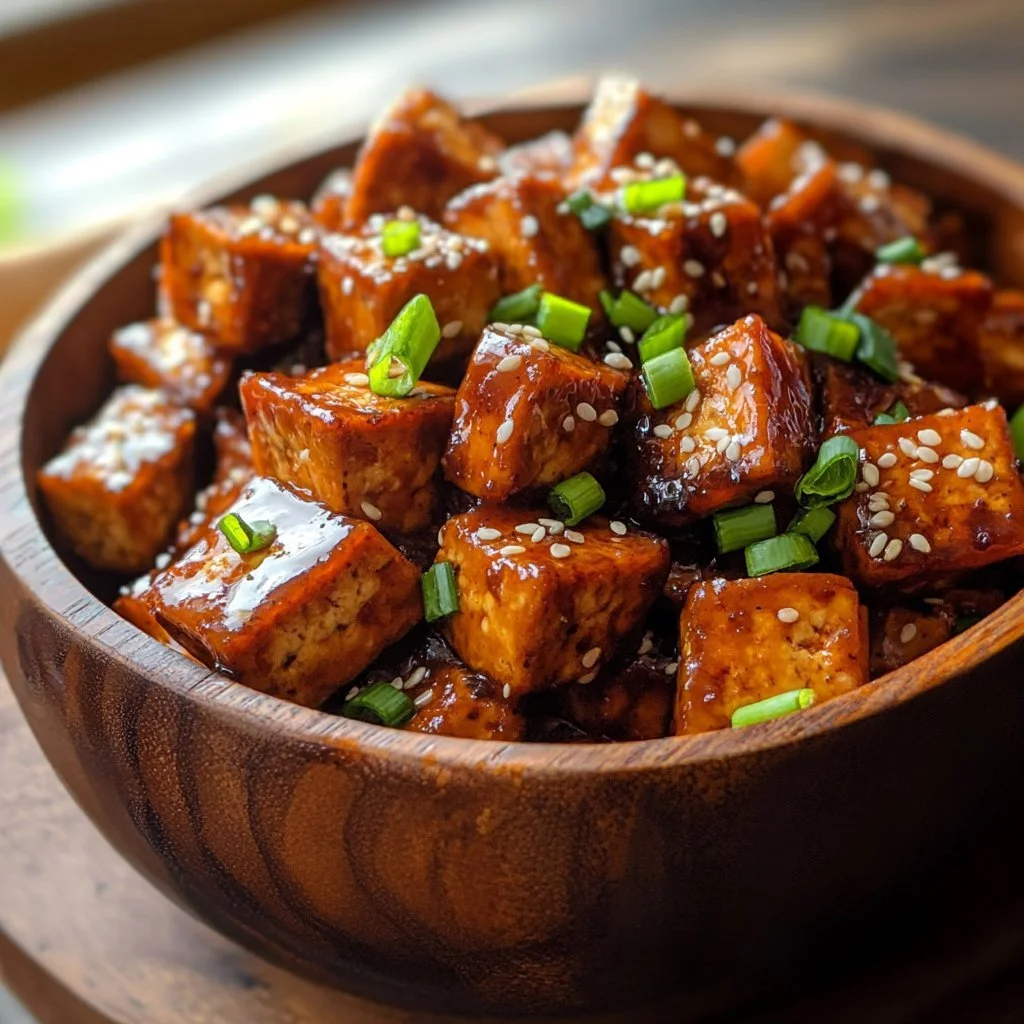 Koreansk bräserad tofu (Dubu Jorim) på en tallrik med grönsaker.