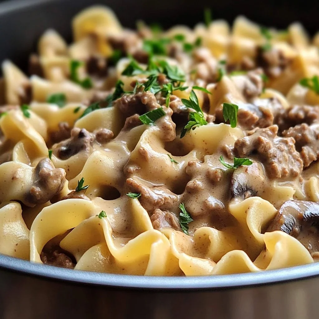 Köttfärs Stroganoff med svamp och grädde serverad i en skål