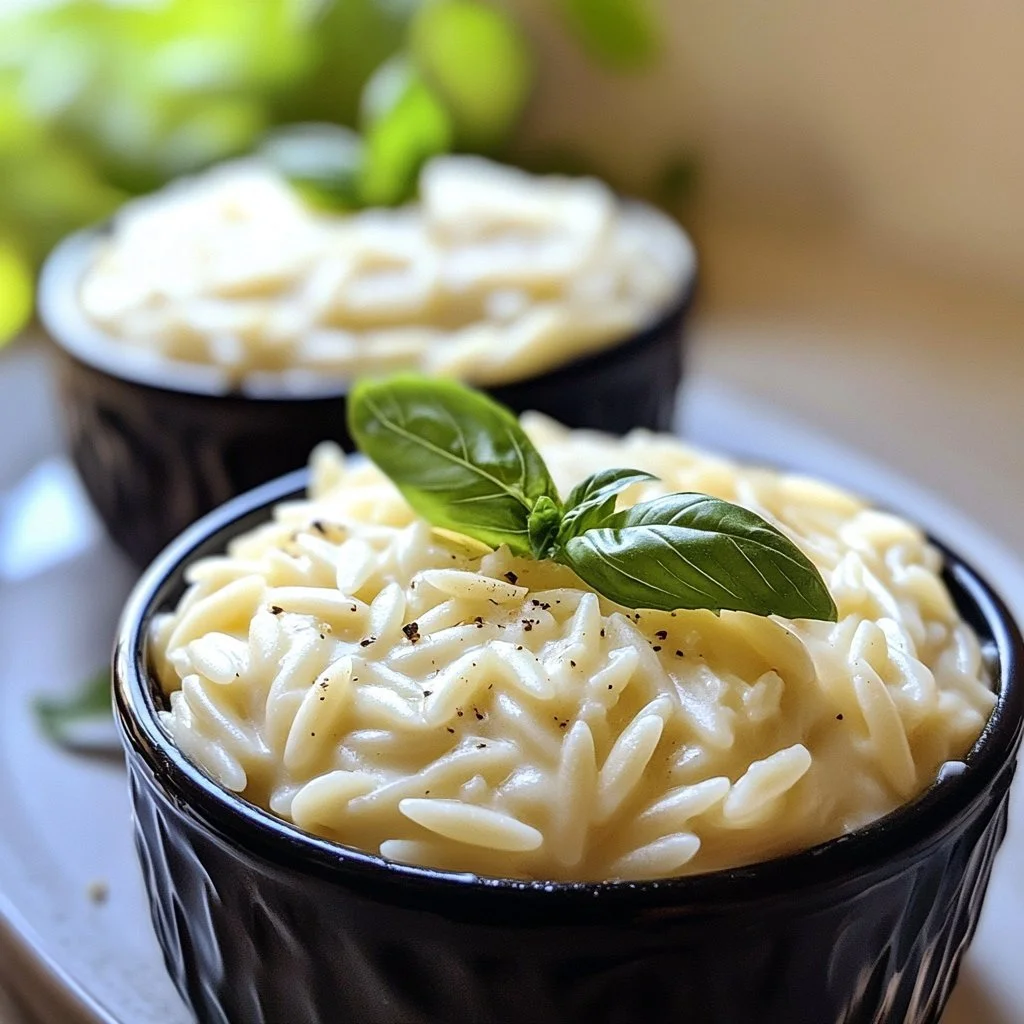 En tallrik med krämig cottage cheese orzo, dekorerad med färska örter.