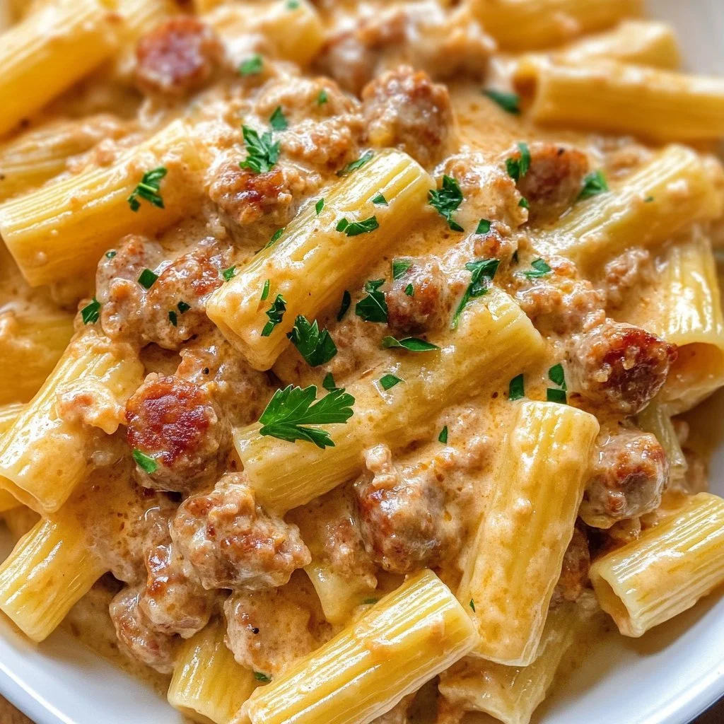 Tallrik med krämig Korv Rigatoni serverad med färska örter