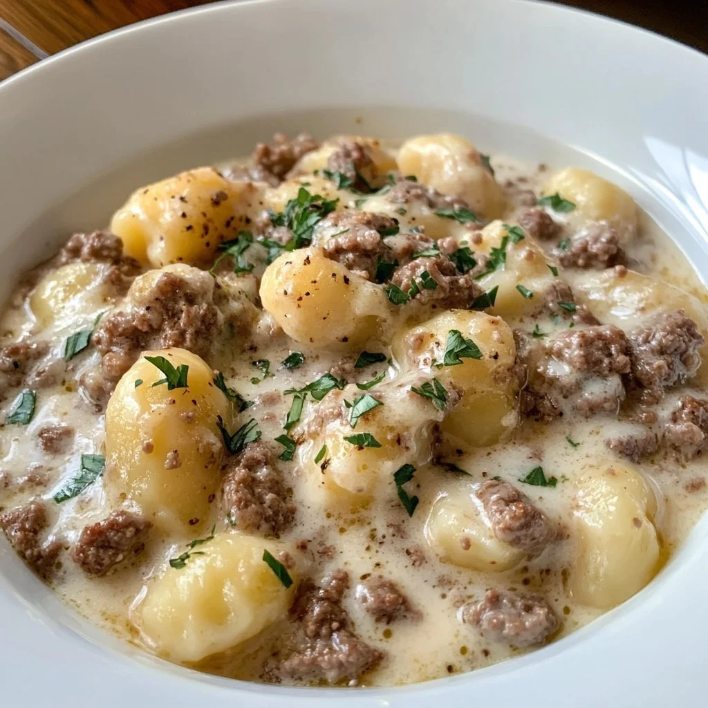 Krämig köttfärs gnocchi med gräddig sås och färska örter.