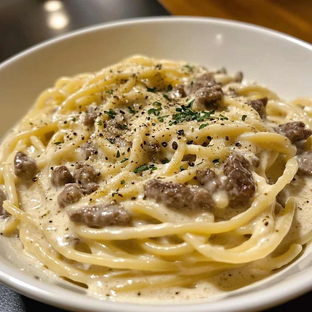 Krämig nötkött och vitlökssmörpasta i en tallrik