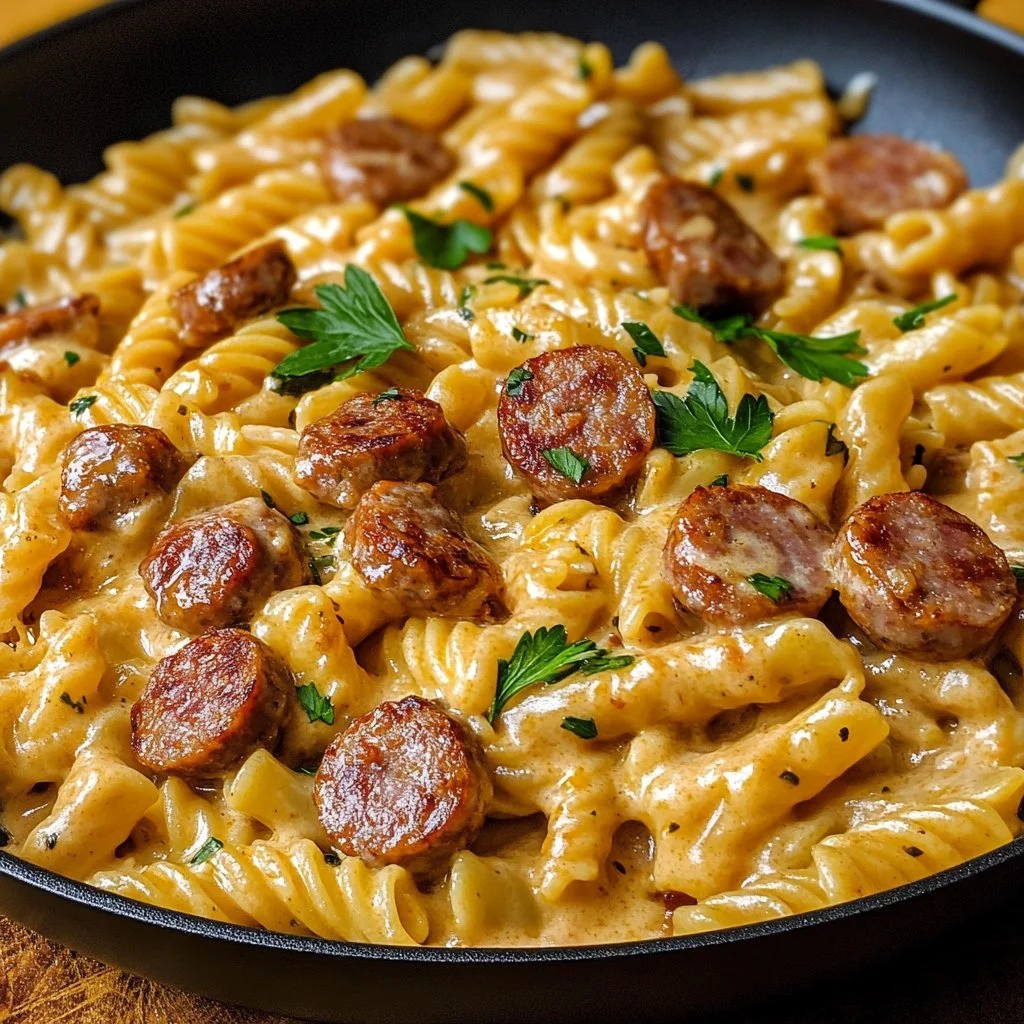 Är en tallrik med krämig rökt korv pasta serverad med gröna örter.