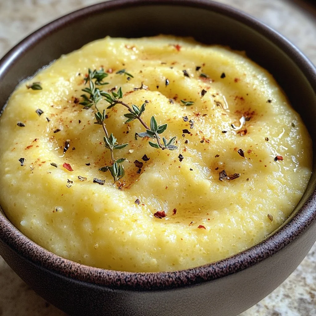 Krämig vitlök och parmesan polenta på tallrik med örter.
