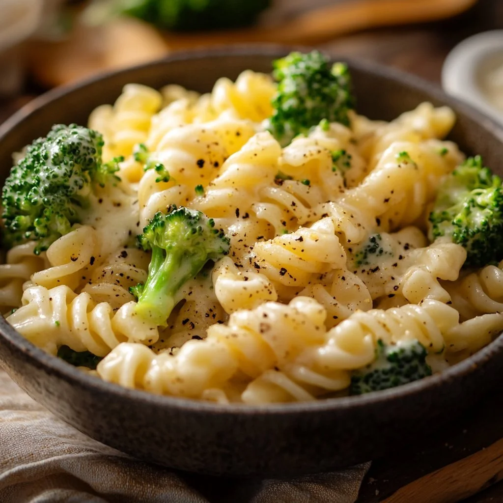 Krämlig broccoli pasta i en gryta med grönsaker och kryddor