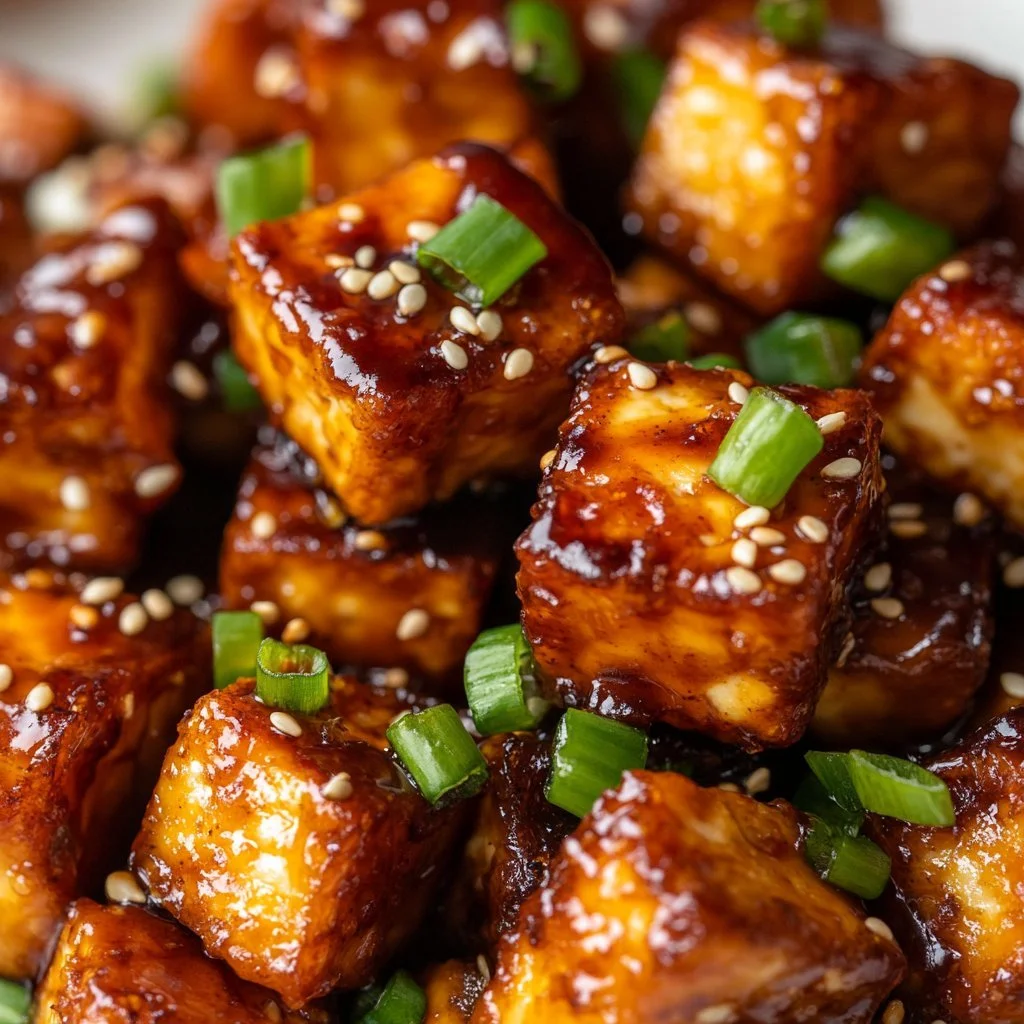 Krispig honungsglasserad tofu på tallrik