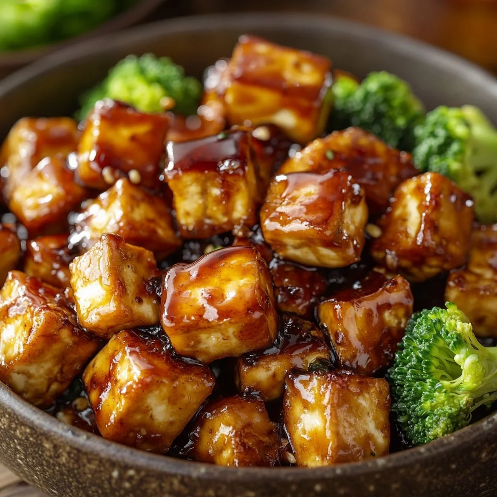 Krispig honungsglazad tofu serverad med grönsaker i en skål