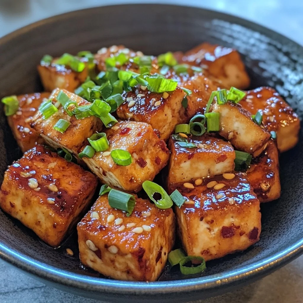Krispig klibbig tofu på tallrik med grönsaker och sås