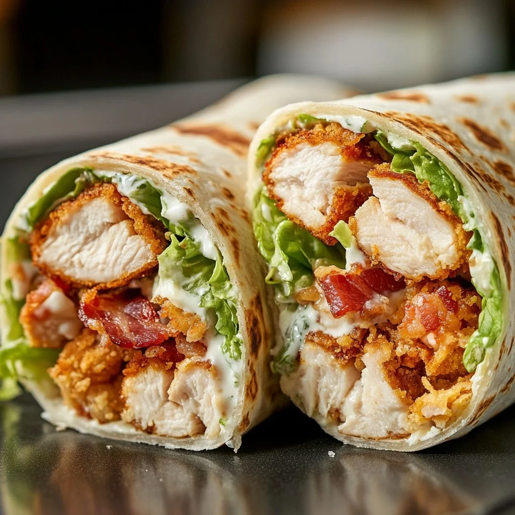 Krispig kyckling bacon ranch wrap med fräscha ingredienser och smakrik ranchdressing.