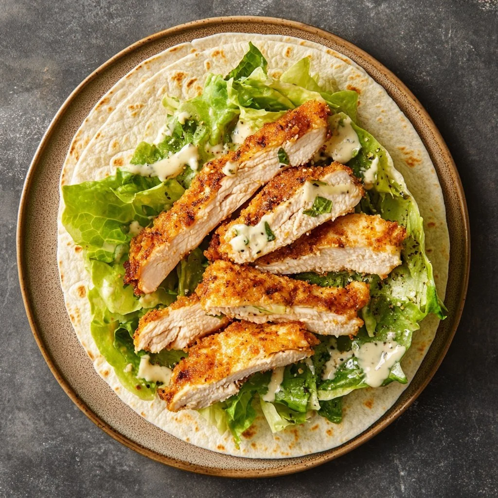 Krispig Kyckling Caesar Wrap med fräscha ingredienser och sallad.