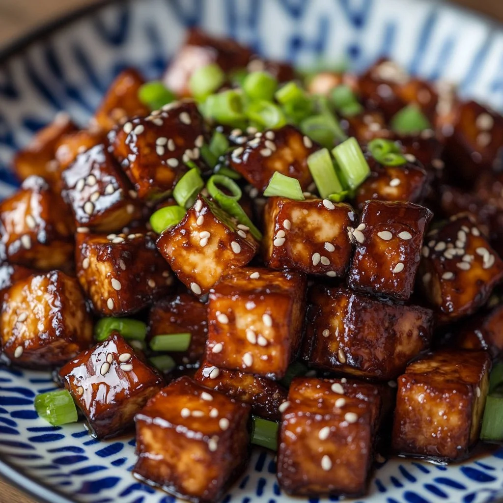 Krispig soja-vitlök tofu serverad med grönsaker