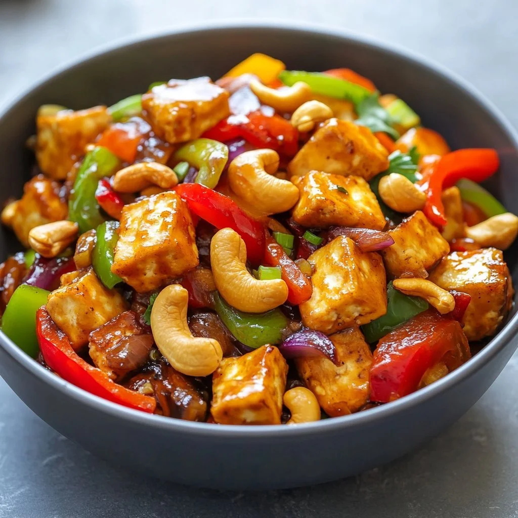 Krispig Tofu Wokad rätt med grönsaker i en wokpanna.