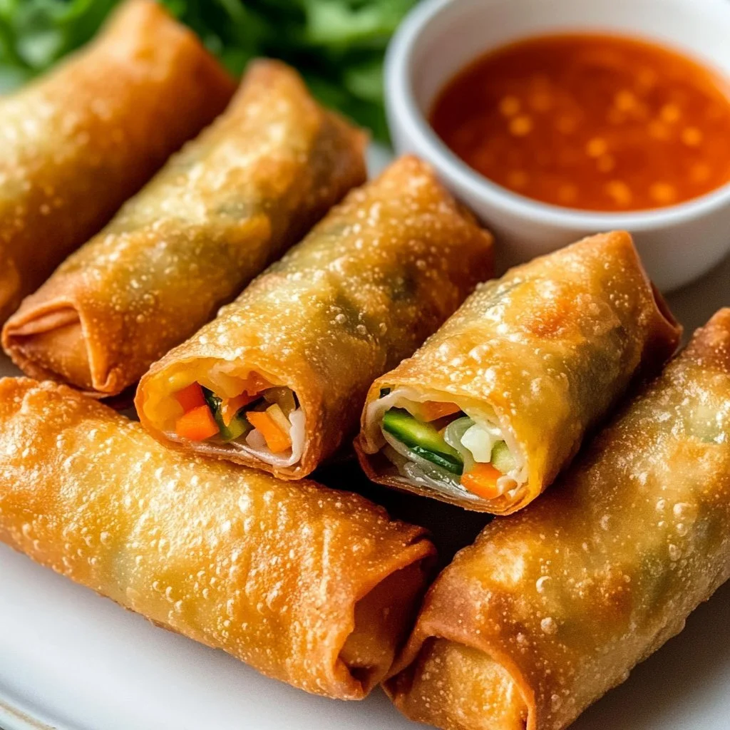 Krispiga kinesiska äggrollar på en tallrik med dipping sås