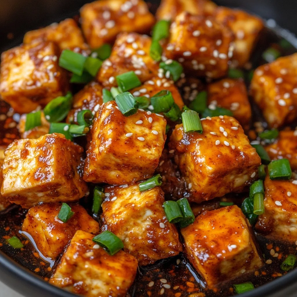 Krispigt chili crunch tofu på tallrik med grönsaker