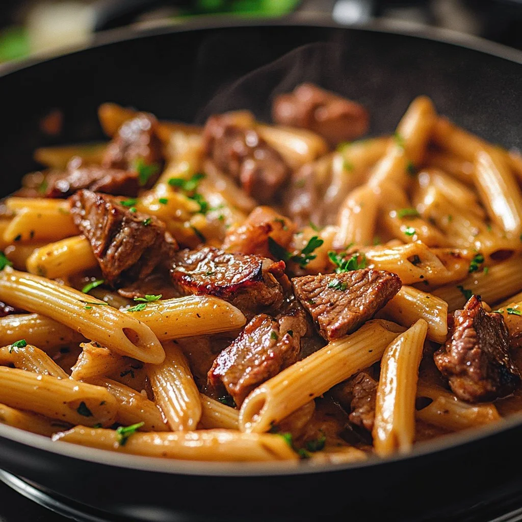 Kryddig vitlöks-smör parmesan biffpasta med läcker ost och biff