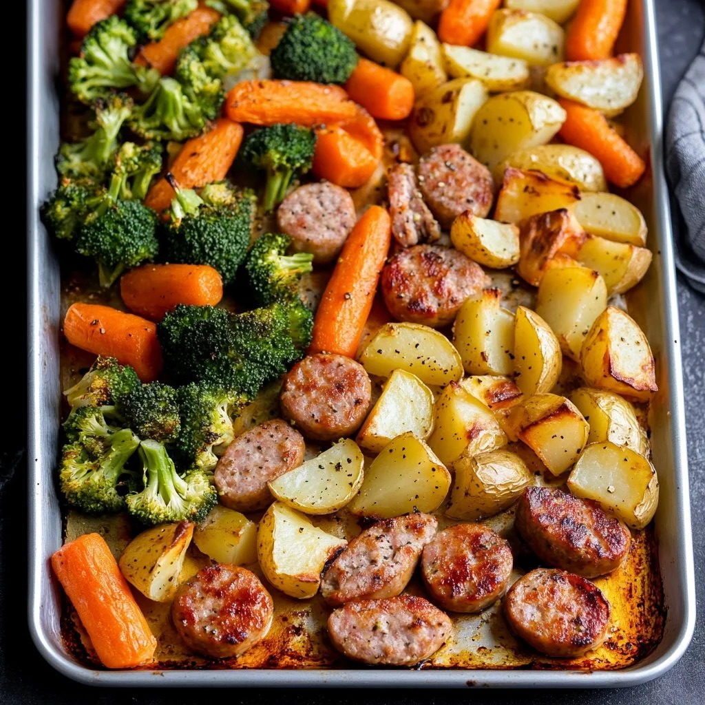 Kyckling-äpplekorv plåtmiddag serverad på en tallrik med grönsaker.