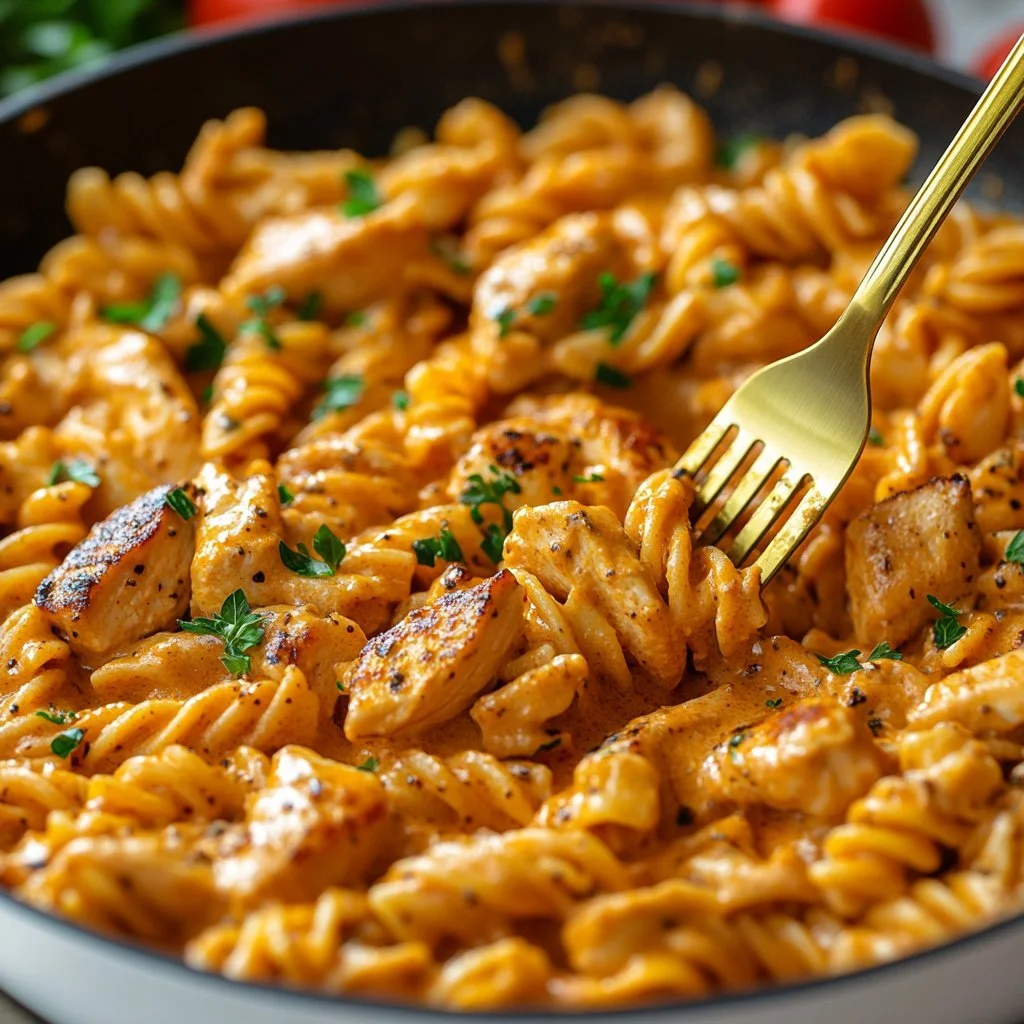 Kyckling Vitlök Parmesan Pasta med krämig sås och parmesanost